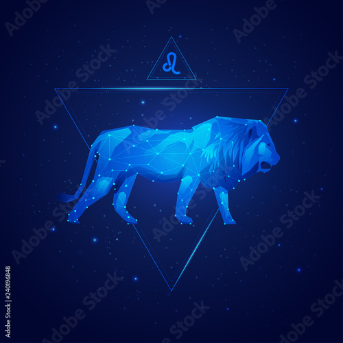 vector of leo horoscope sign in twelve zodiac with galaxy stars background, vector of polygon lion
