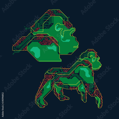 futuristic colorful gorilla head, shape of apes combined with electronic board, concept of powerful technology