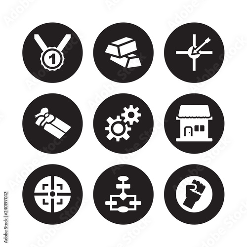 9 vector icon set : Gold medal, Ingots, Focus, Franchise, Gears, Goal, Gift voucher, Flowchart isolated on black background
