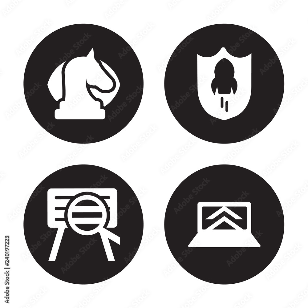 4 vector icon set : strategic Vision, startup Project Search, Shield, Laptop isolated on black background 4 vector icon set : strategic Vision, startup Project Search, Shield, Laptop isolated on black background
