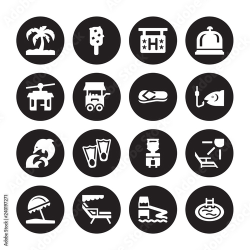 16 vector icon set : Island with palm trees, Aqua park, Beach chair, umbrella, Deck chairs and sun, Swimming pool, Funicular, Dolphin on water waves, Flip flop isolated black background