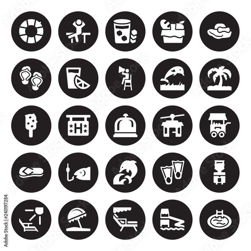25 vector icon set : Rubber ring, Aqua park, Beach chair, umbrella, Deck chairs and sun, Island with palm trees, Funicular, Dolphin on water waves, Flip flop isolated black background.