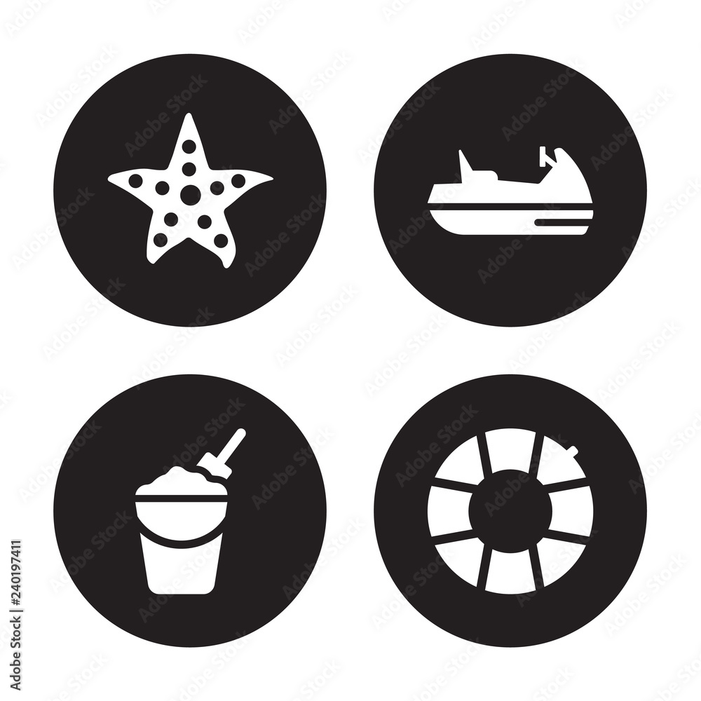 4 vector icon set : Sea star, Sand bucket and shovel, scooter, Rubber ring isolated on black background 4 vector icon set : Sea star, Sand bucket and shovel, scooter, Rubber ring isolated on black background