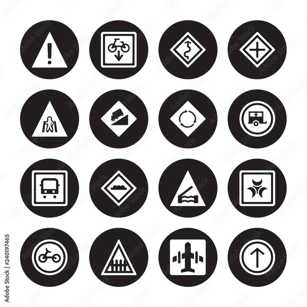 16 vector icon set : Danger, Airport, Barrier, Bicycle, Biological hazard, Ahead only, Crossing, Bus stop, circular intersection isolated on black background 16 vector icon set : Danger, Airport, Barrier, Bicycle, Biological hazard, Ahead only, Crossing, Bus stop, circular intersection isolated on black background