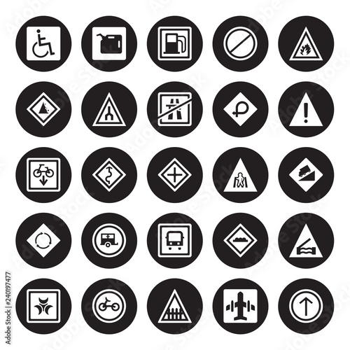25 vector icon set : Handicap, Airport, Barrier, Bicycle, Biological hazard, Danger, Crossing, Bus stop, circular intersection, Falling rocks, Gas station, Gasoline isolated on black background.