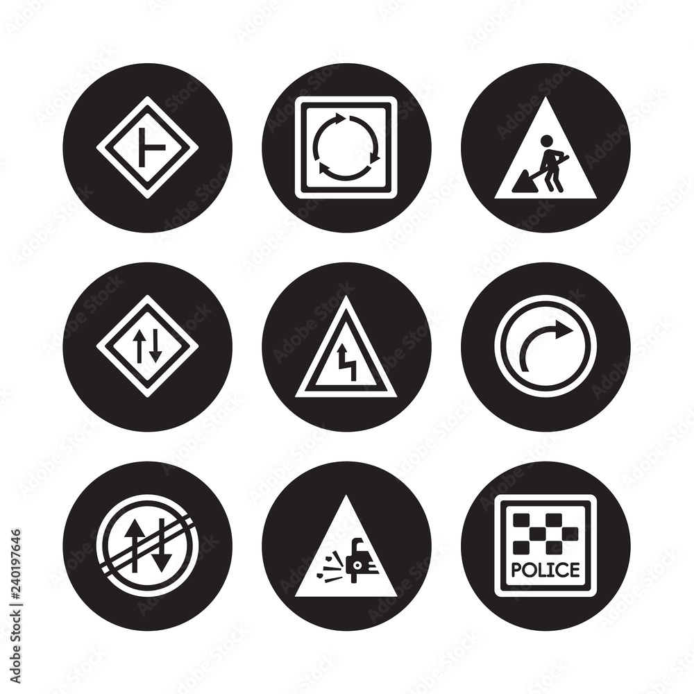 9 vector icon set : side road, Roundabout, Prohibited way, Right bend, reverse Road work, Road, Pothole isolated on black background 9 vector icon set : side road, Roundabout, Prohibited way, Right bend, reverse Road work, Road, Pothole isolated on black background