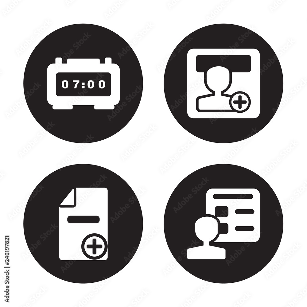 4 vector icon set : Alarm clock, Add, Add user, Account isolated on black background 4 vector icon set : Alarm clock, Add, Add user, Account isolated on black background