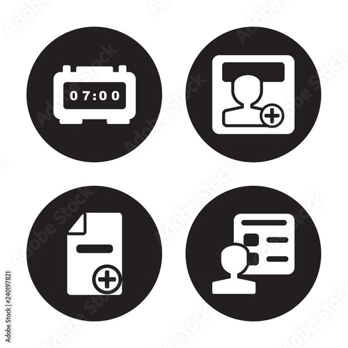 4 vector icon set : Alarm clock, Add, Add user, Account isolated on black background