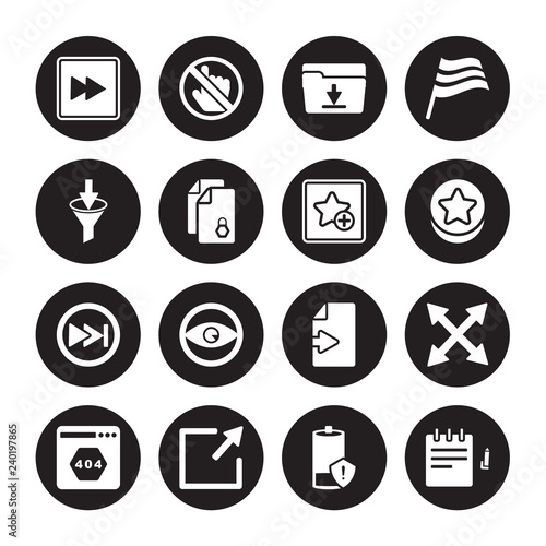 16 vector icon set : Forward, Empty battery, Enlarge, Error page, Expand, Edit, Filter, Fast forward, Favourite isolated on black background