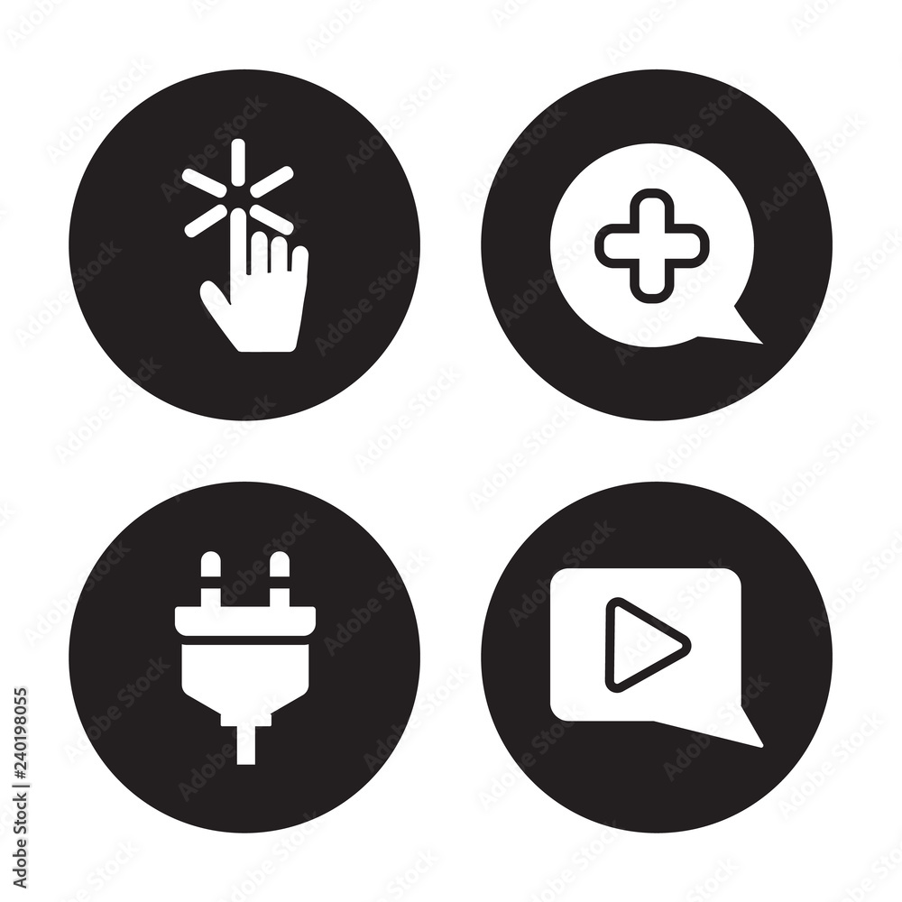 Obraz premium 4 vector icon set : Pointer, Plugin, Plus, Play Button isolated on black background