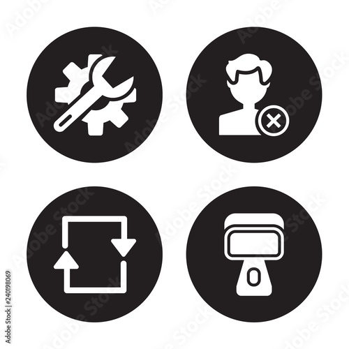 4 vector icon set : Repair tools, Refresh, Remove, Record isolated on black background
