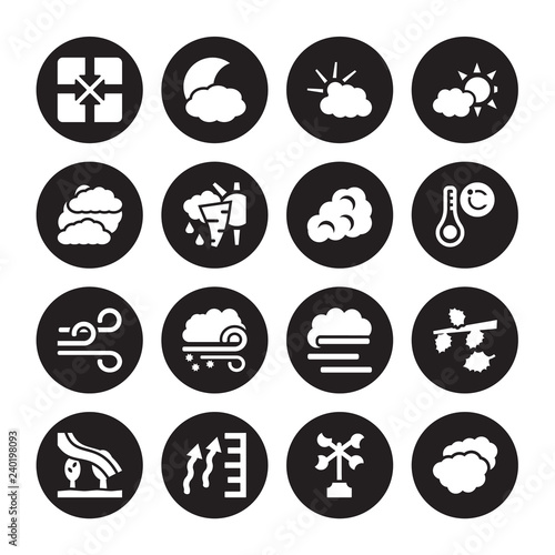 16 vector icon set : convergence, Anemometer, atmospheric pressure, Aurora, Autumn, altostratus, Clouds, Breeze, Cirrus cumulus isolated on black background