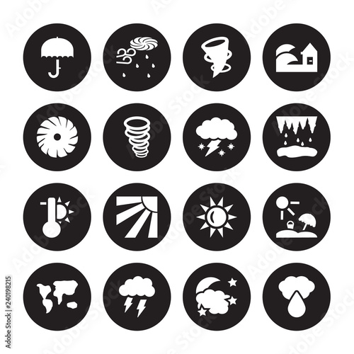 16 vector icon set : Umbrella, Starry night, Stormy, subtropical climate, Summer, Sprinkle weather, tropical storm, Temperature, Thundersnow isolated on black background