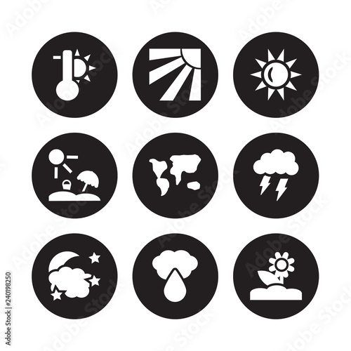 9 vector icon set : Temperature, Sunshine, Starry night, Stormy, subtropical climate, Sunny, Summer, Sprinkle weather isolated on black background