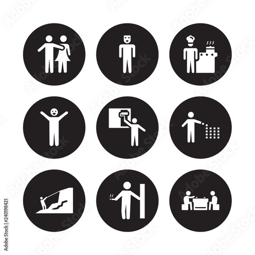 9 vector icon set : Couple Huging, Cosplaying, Climbing, Collecting, Coloring, Cooking, Comic, Cigarette isolated on black background