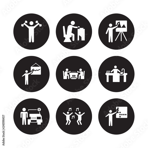 9 vector icon set : Exercising, Eating, Dealer, Dish Washing, Dominoes, Easel, Drawing, Dancing isolated on black background