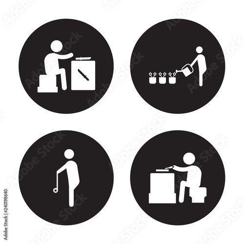 4 vector icon set : Knife making, Yoyo, Gardening, Wood carving isolated on black background