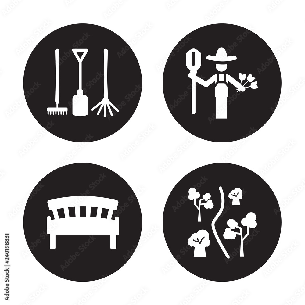4 vector icon set : Gardening tools, garden Bench, Gardener, Garden isolated on black background 4 vector icon set : Gardening tools, garden Bench, Gardener, Garden isolated on black background