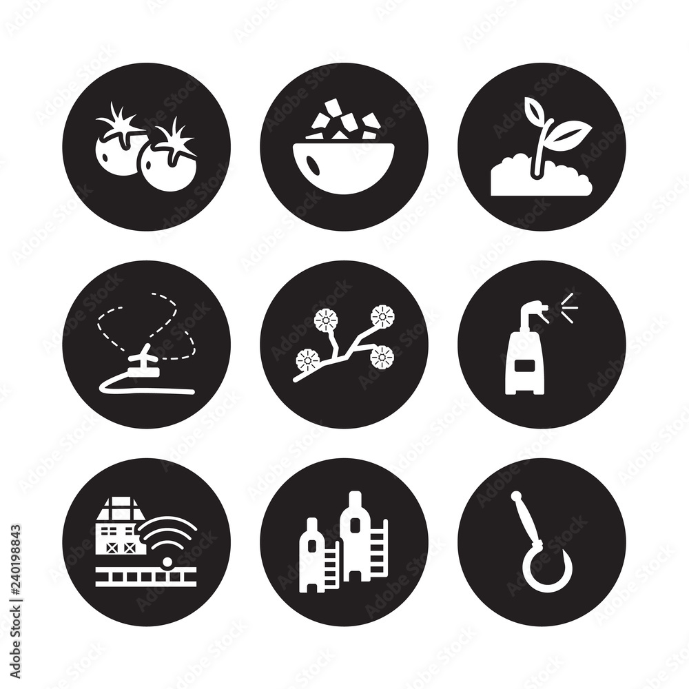 9 vector icon set : Tomato, Sugar, Smart farm, Sprayer, Spring Flower, sprout, Sprinkler, Silo isolated on black background