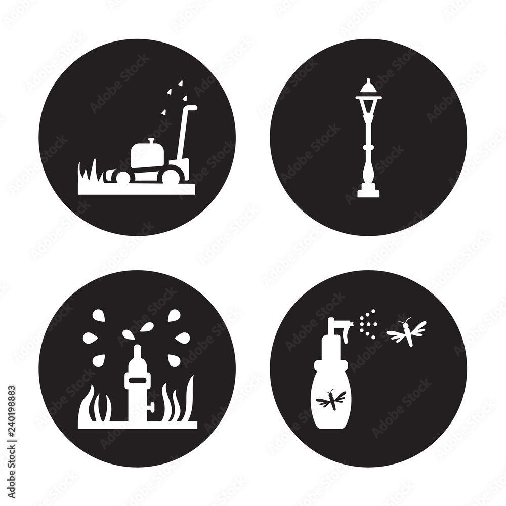 4 vector icon set : Lawn mower, Irrigation, Lamppost, Insecticide isolated on black background 4 vector icon set : Lawn mower, Irrigation, Lamppost, Insecticide isolated on black background
