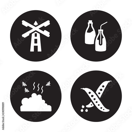 4 vector icon set : Mill, Manure, Milk bottle, Legume isolated on black background