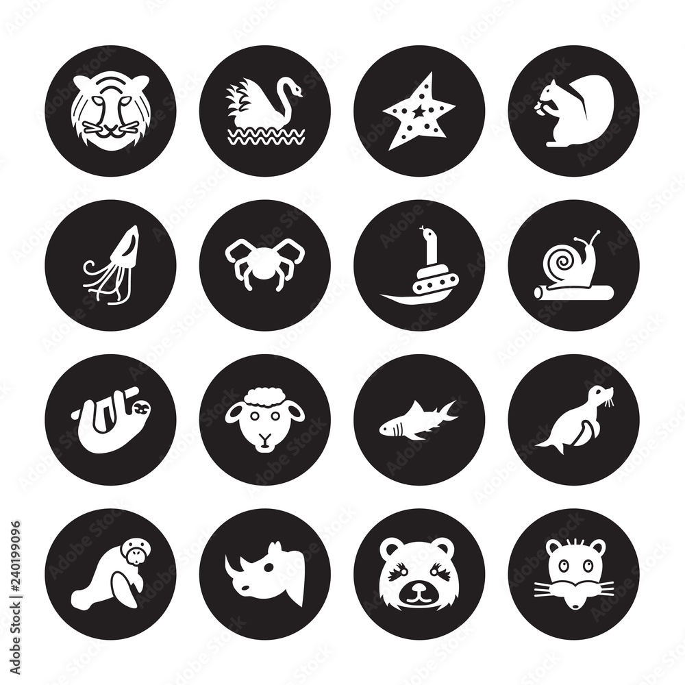 16 vector icon set : Tiger, panda, Rhino, Sea cow, Seal, Rat, Squid, Sloth, Snake isolated on black background 16 vector icon set : Tiger, panda, Rhino, Sea cow, Seal, Rat, Squid, Sloth, Snake isolated on black background