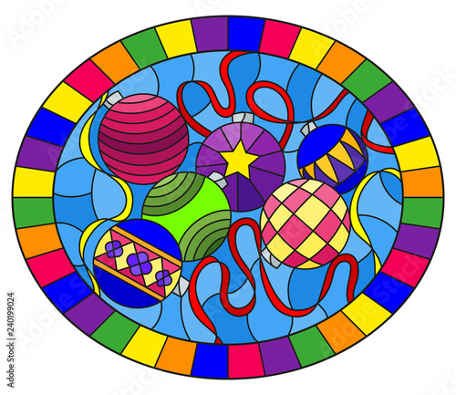 Illustration in stained glass style with still life of new year toys and serpentine, oval image in frame 