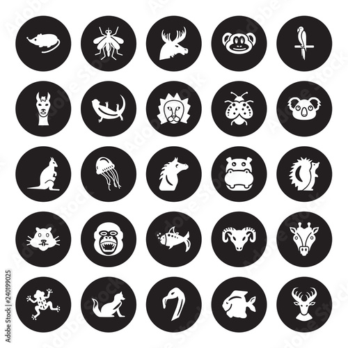 25 vector icon set : Mouse, Fish, Flamingo, Fox, Frog, Koala, Hippopotamus, Goldfish, Hamster, Llama, Moose, Mosquito isolated on black background.