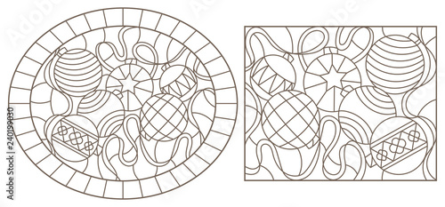 Set of contour illustrations of stained glass Windows with Christmas toys and serpentine, dark contours on a white background