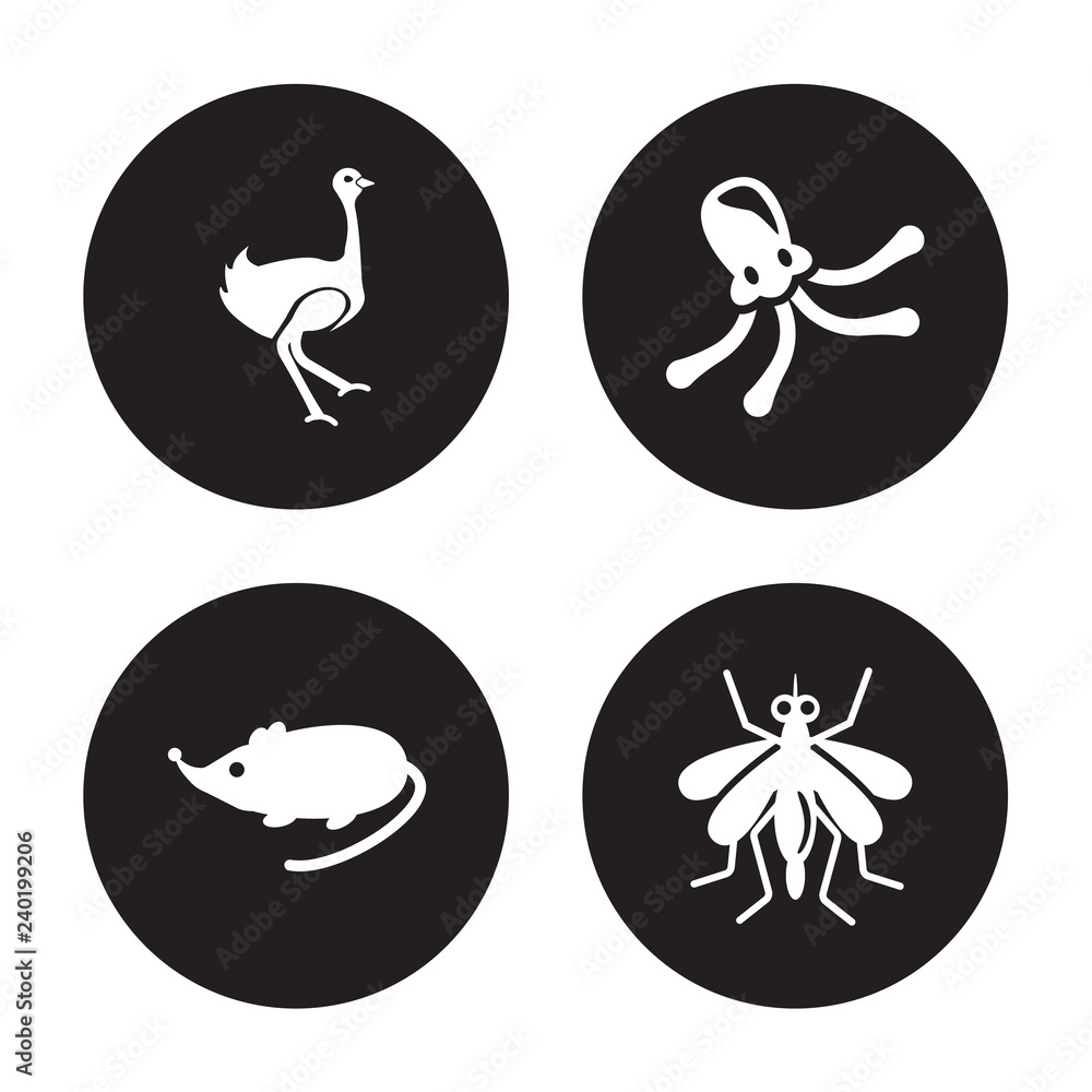 4 vector icon set : Ostrich, Mouse, Octopus, Mosquito isolated on black background