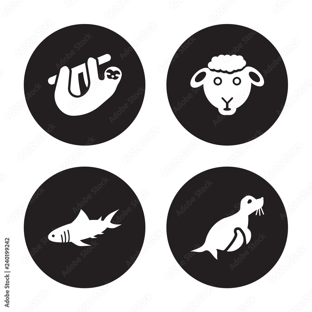 Fototapeta premium 4 vector icon set : Sloth, Shark, Sheep, Seal isolated on black background