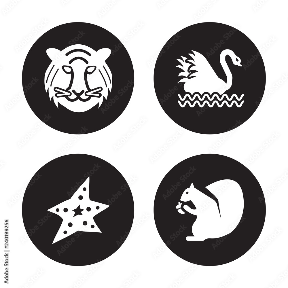 4 vector icon set : Tiger, Starfish, Swan, Squirrel isolated on black background 4 vector icon set : Tiger, Starfish, Swan, Squirrel isolated on black background