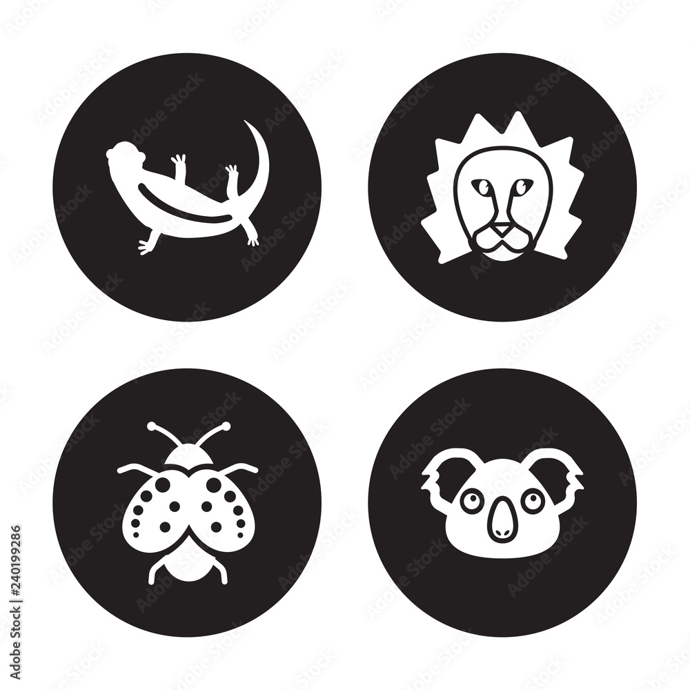 4 vector icon set : Lizard, Ladybug, Lion, Koala isolated on black background