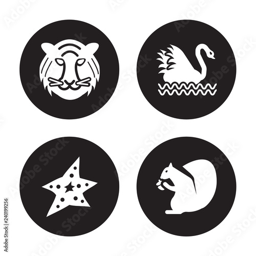 4 vector icon set : Tiger, Starfish, Swan, Squirrel isolated on black background