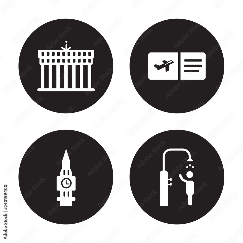 4 vector icon set : Brandenburg, Big ben, Boarding pass, beach Shower isolated on black background 4 vector icon set : Brandenburg, Big ben, Boarding pass, beach Shower isolated on black background