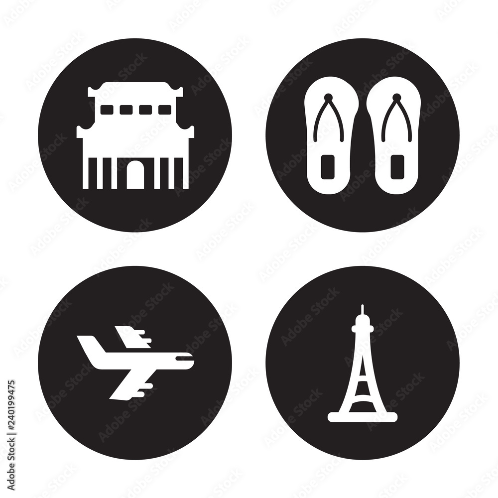 4 vector icon set : Forbidden city, Flight, Flip flops, Eiffel tower isolated on black background 4 vector icon set : Forbidden city, Flight, Flip flops, Eiffel tower isolated on black background