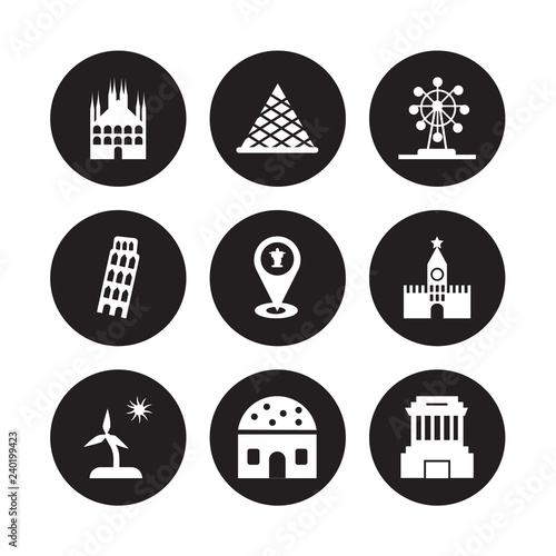 9 vector icon set : Milan, Louvre, Island, Kremlin, Landmark, London eye, Leaning Tower of Pisa, Hut isolated on black background