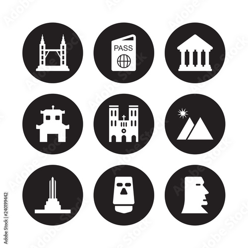 9 vector icon set : Petronas towers, Passport, Monument, Mountain, Opera house, Parthenon, Pagoda, Moais isolated on black background