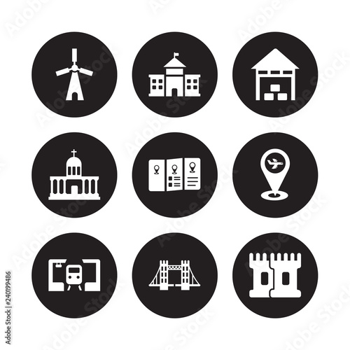 9 vector icon set : Windmill, White House, Train station, Travel, Travel guide, Warehouse, Vatican, Tower bridge isolated on black background