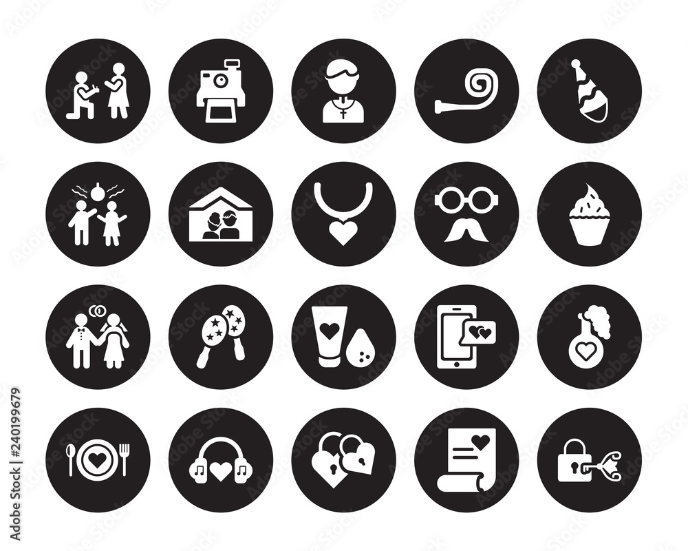 20 vector icon set : Proposal, Love letter, love Lock, Music, Plate, Party hat, Mustache, Makeup, Marriage, Newlyweds, Pastor isolated on black background 20 vector icon set : Proposal, Love letter, love Lock, Music, Plate, Party hat, Mustache, Makeup, Marriage, Newlyweds, Pastor isolated on black background