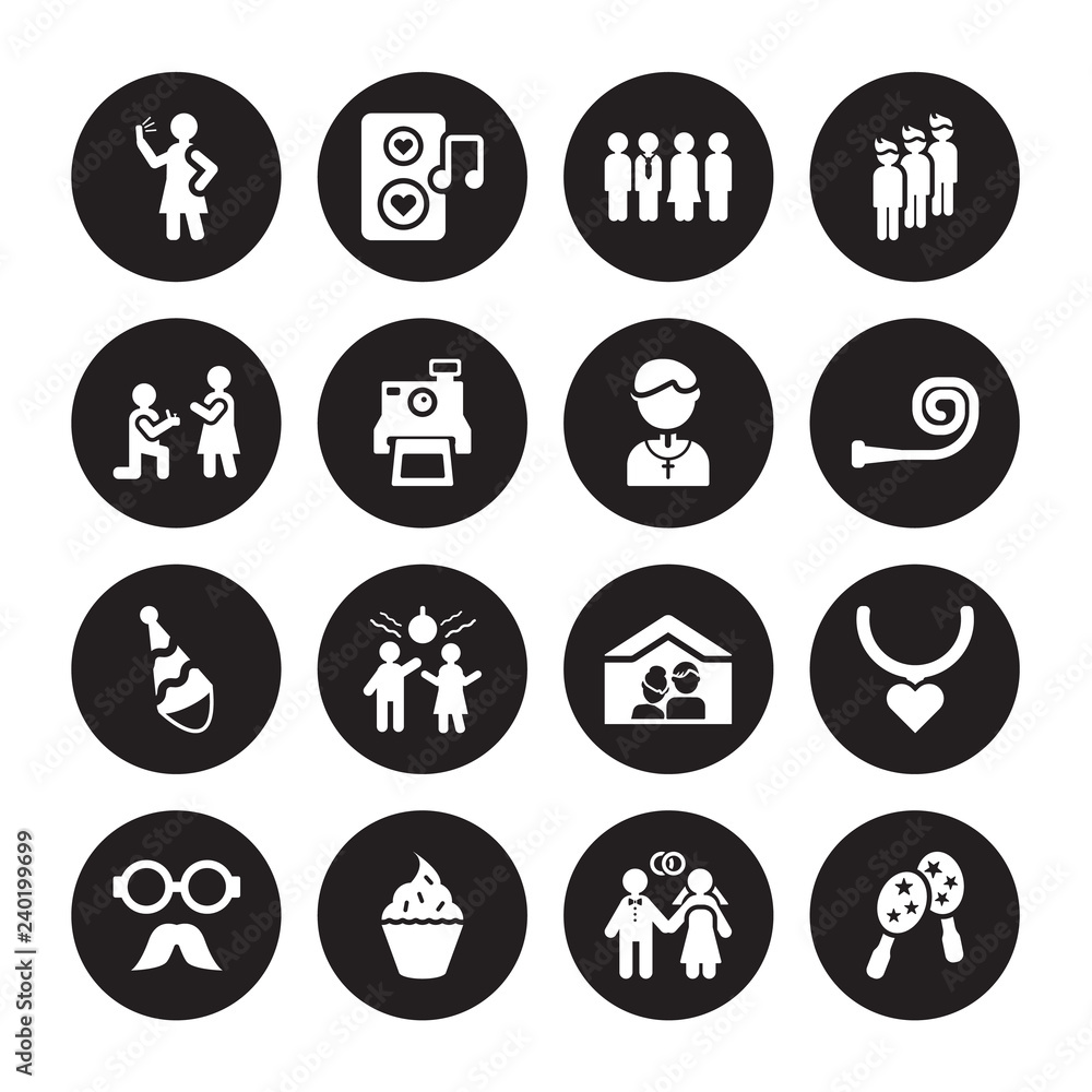 16 vector icon set : Selfie, Marriage, Muffin, Mustache, Necklace, Maracas, Proposal, Party hat, Pastor isolated on black background