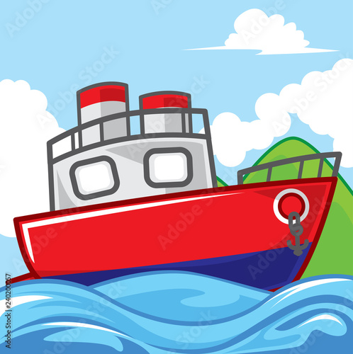 Ship floating on the sea, cartoon cute