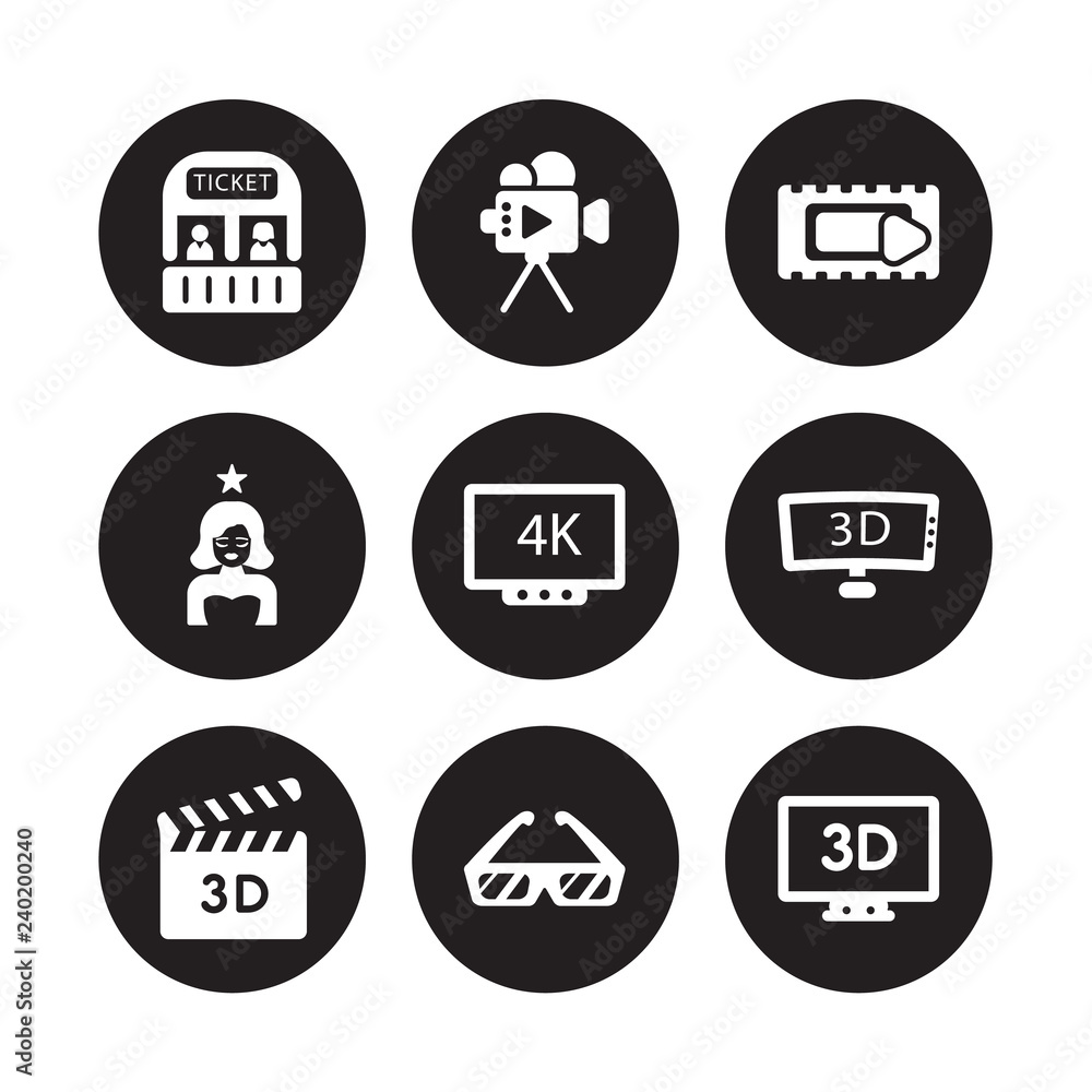 9 vector icon set : box office, Author, 3D Movie, Television, 4k, animation,  actress, 3d glasses isolated on black background Stock Vector | Adobe Stock
