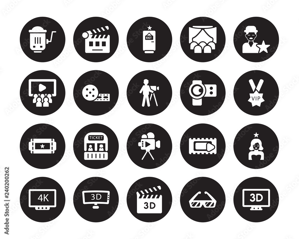 20 vector icon set : cinema hurdy gurdy, 3d glasses, 3D Movie, Television, 4k, celebrity, camera lens, Author, Buy Tickets Online, Cinema isolated on black background 20 vector icon set : cinema hurdy gurdy, 3d glasses, 3D Movie, Television, 4k, celebrity, camera lens, Author, Buy Tickets Online, Cinema isolated on black background