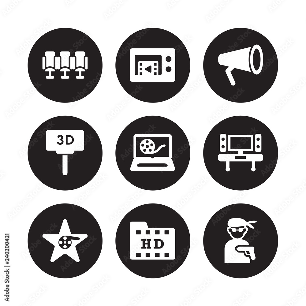 9 vector icon set : Movie Theater, player, Hollywood Star, home cinema, Movie, Film, Billboard, HD isolated on black background 9 vector icon set : Movie Theater, player, Hollywood Star, home cinema, Movie, Film, Billboard, HD isolated on black background