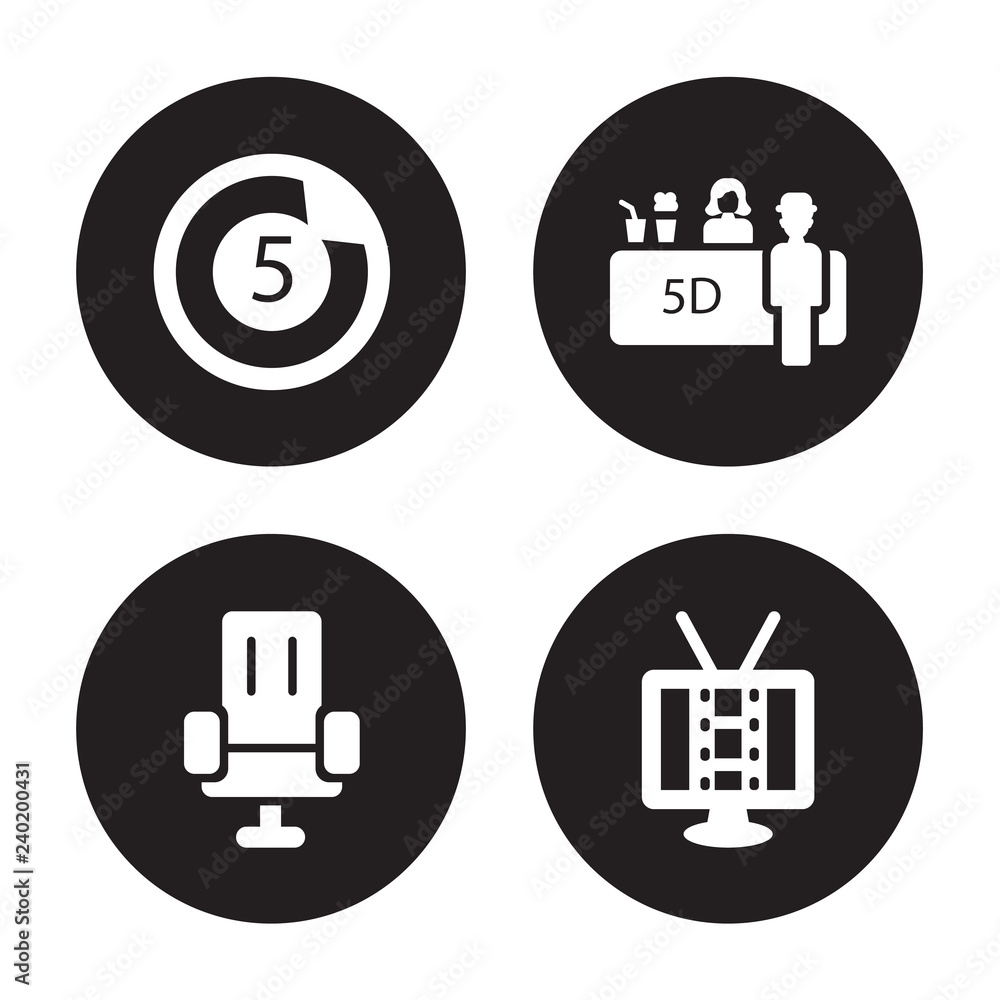 4 vector icon set : Countdown, Cinema seats, Snack Bar, cinema screen isolated on black background 4 vector icon set : Countdown, Cinema seats, Snack Bar, cinema screen isolated on black background