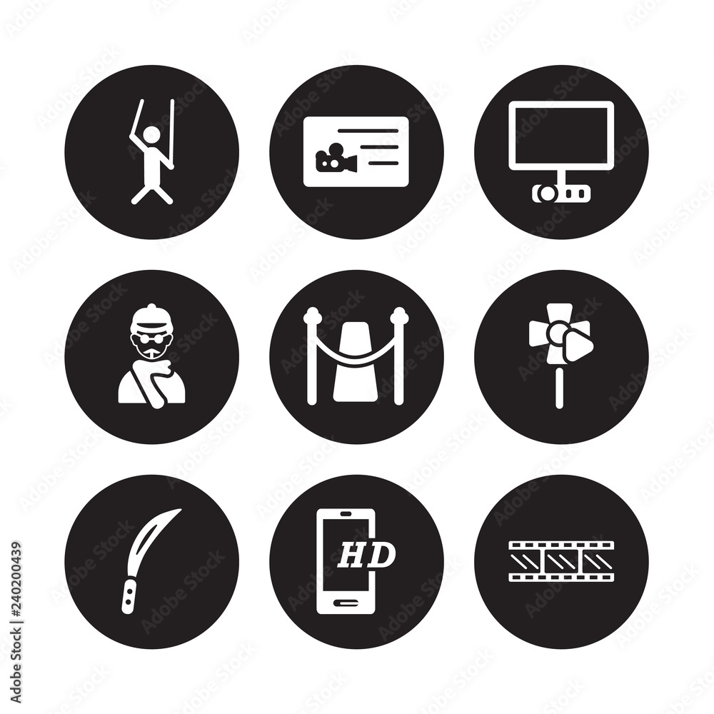 9 vector icon set : Puppet, Prompt box, machete, Play, Premiere, Projector Screen, producer, Online movie isolated on black background 9 vector icon set : Puppet, Prompt box, machete, Play, Premiere, Projector Screen, producer, Online movie isolated on black background