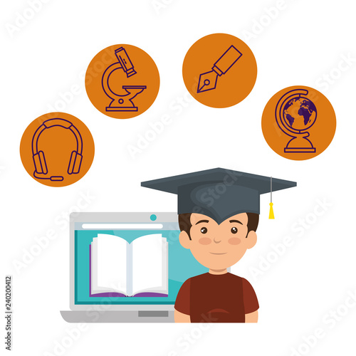 laptop with schoolboy and elearning icons