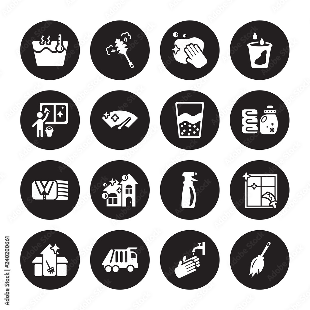 16 vector icon set : Hot water, Hand wash, Garbage truck, Cleaning House, Window, Duster, Window cleaner, Clothes Cleaning, Emulsion isolated on black background