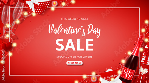 Festive banner for Valentine's Day sale. Vector illustration with top view on realistic bottle of champagne, glasses of champagne, gift boxes, garlands on red background. Promo seasonal offer.